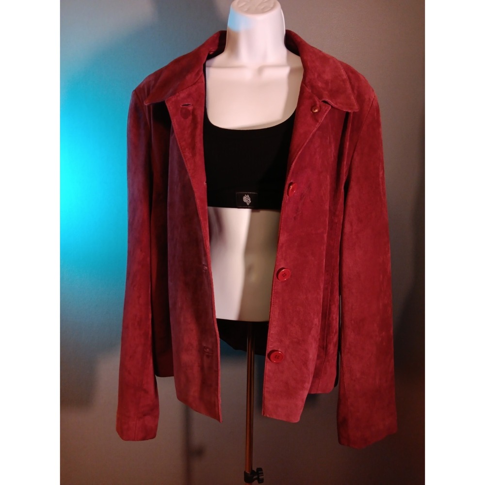 Womens Burgundy Suede Leather Jacket Large Button Front Blazer Coat 100% Leather
